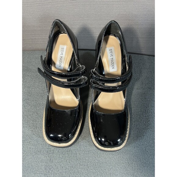 Steve Madden Twice Size 7 Mary Janes Pumps Black Patent Block Heels Platforms - Picture 4 of 12